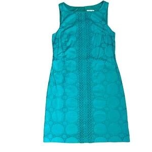 Eliza J Dress Women’s 4 Teal Turquoise Shift Eyelet Lace Lacy Overlay Sleeveless